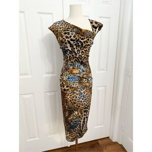 Chiara Boni La Petite Robe Bodycon Leopard Animal Tiger Ruched Dress 40 S 4